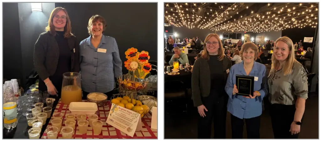 Two photographs side by side: the Brighter Days mocktail in a glass with a candied ginger rim, and the CANDLE table at the Mocktail Magic event.