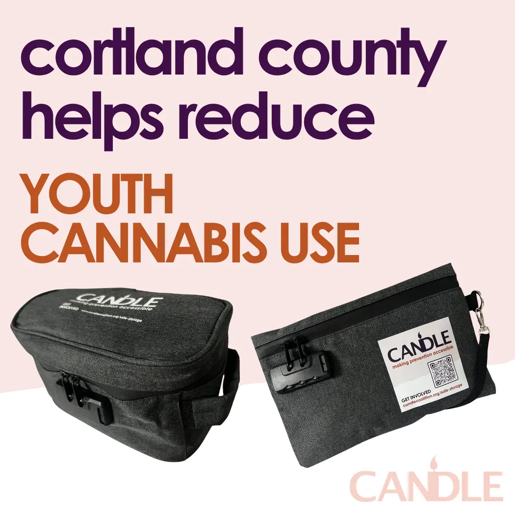 CANDLE's tagline 'Cortland County Helps reduce youth cannabis use' against a picture of two safe storage lockbags