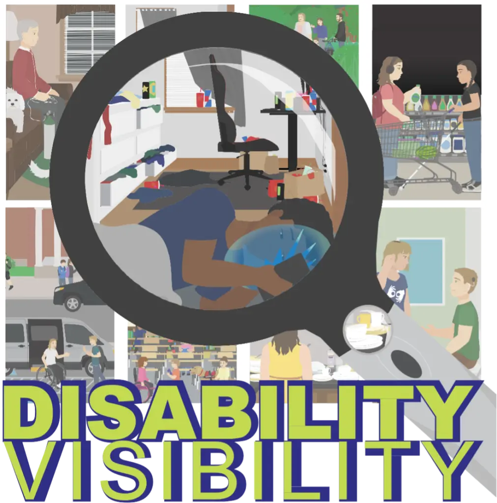 A magnifying glass highlights a young man laying in bed on his phone, the room behind him is cluttered with dirty clothes, loose energy drink cans and takeout. The rest of the image has a grid of people with different disabilities and their aids, including: a child with an Allergen Detection Dog, an older man with an oxygen tank, a young man with a cochlear implant talking to his doctor while using an interpreter, and two best friends food shopping together one has a cane and the other headphones.
