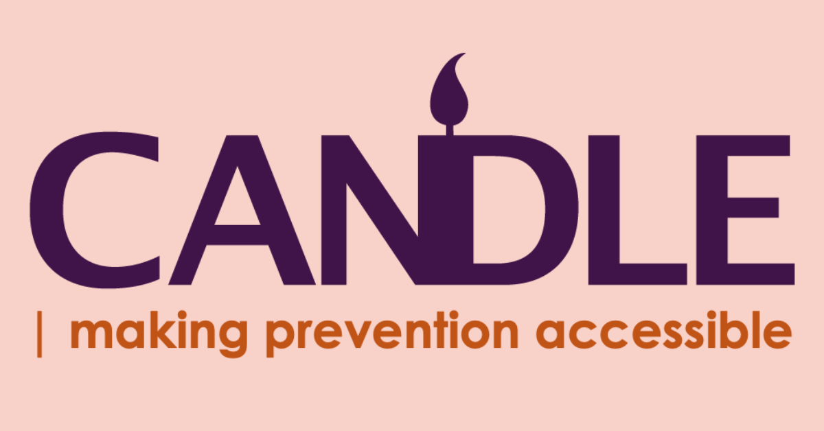 The purple CANDLE logo with a flame over the n and d letters and the tagline making prevention accessible in orange letters underneath it